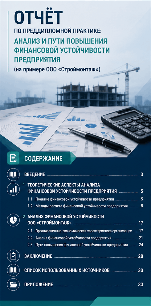 Превью материала «Отчёт по преддипломной практике: анализ и пути повышения финансовой устойчивости предприятия (на примере ООО «Строймонтаж»)»
